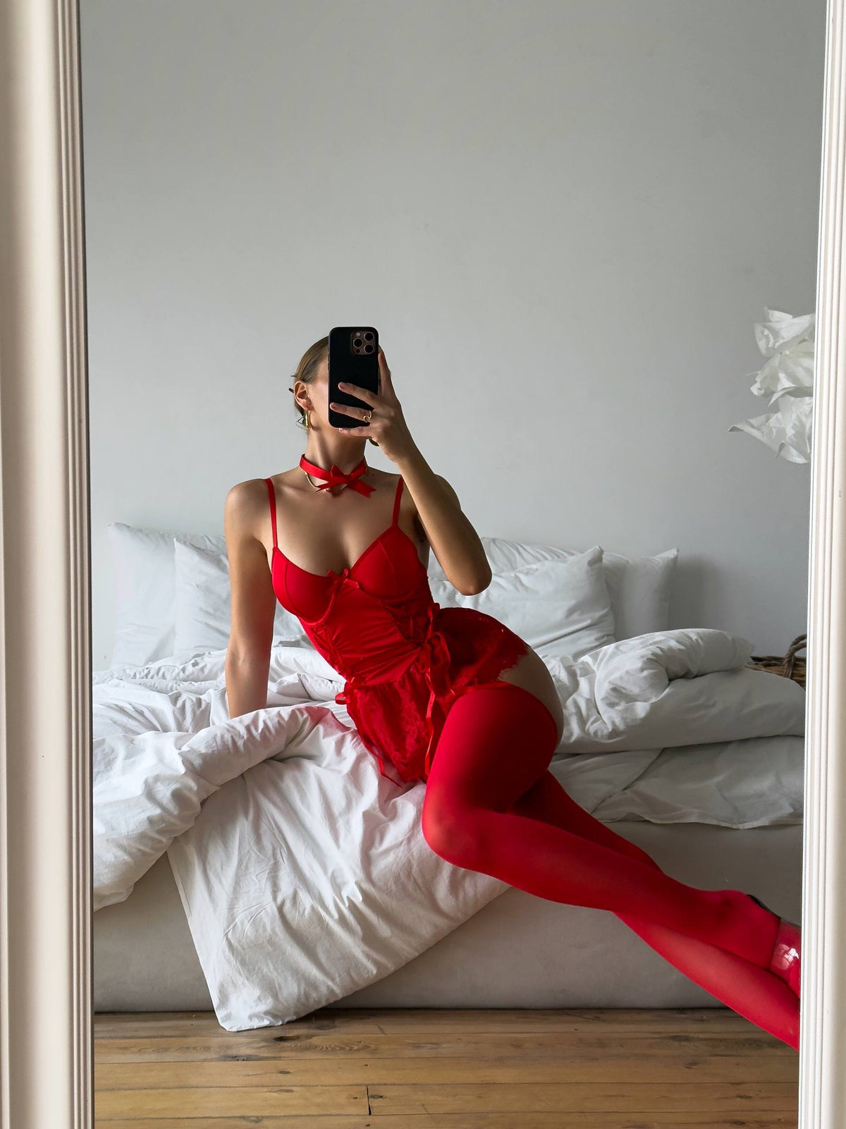 Elena Kırmızı Babydoll Seti (Çorap Dahil)