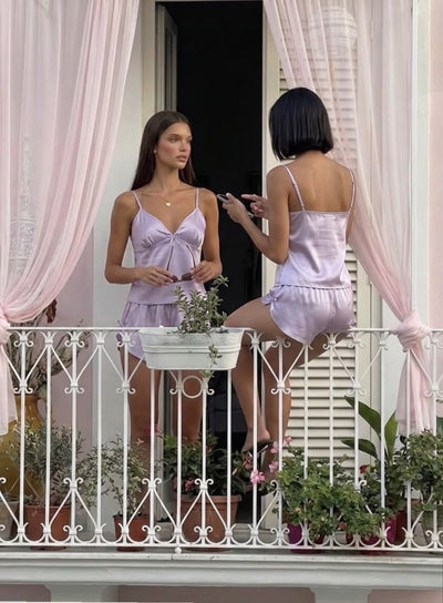 Lila Saten Şortlu Pijama Takımı