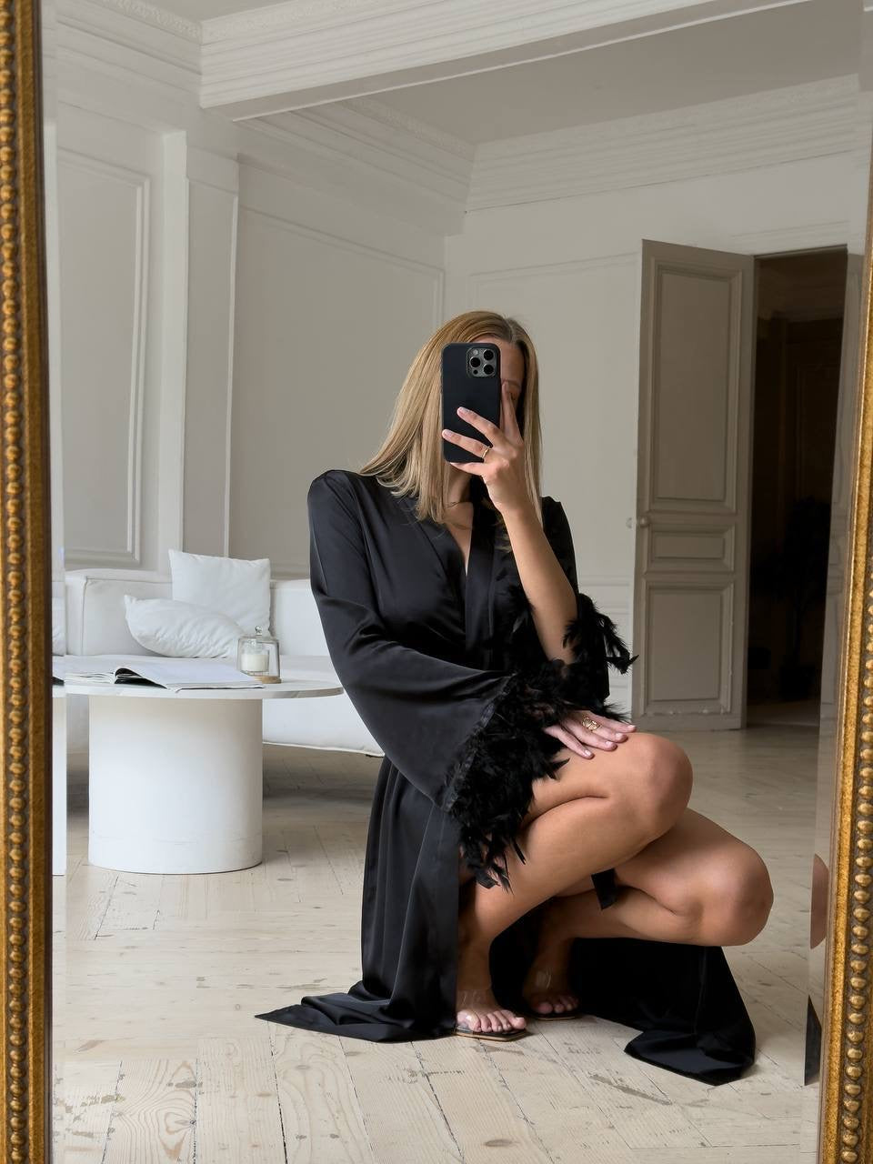 Élodie Black Dantel & Tüy Detaylı Saten Sabahlık