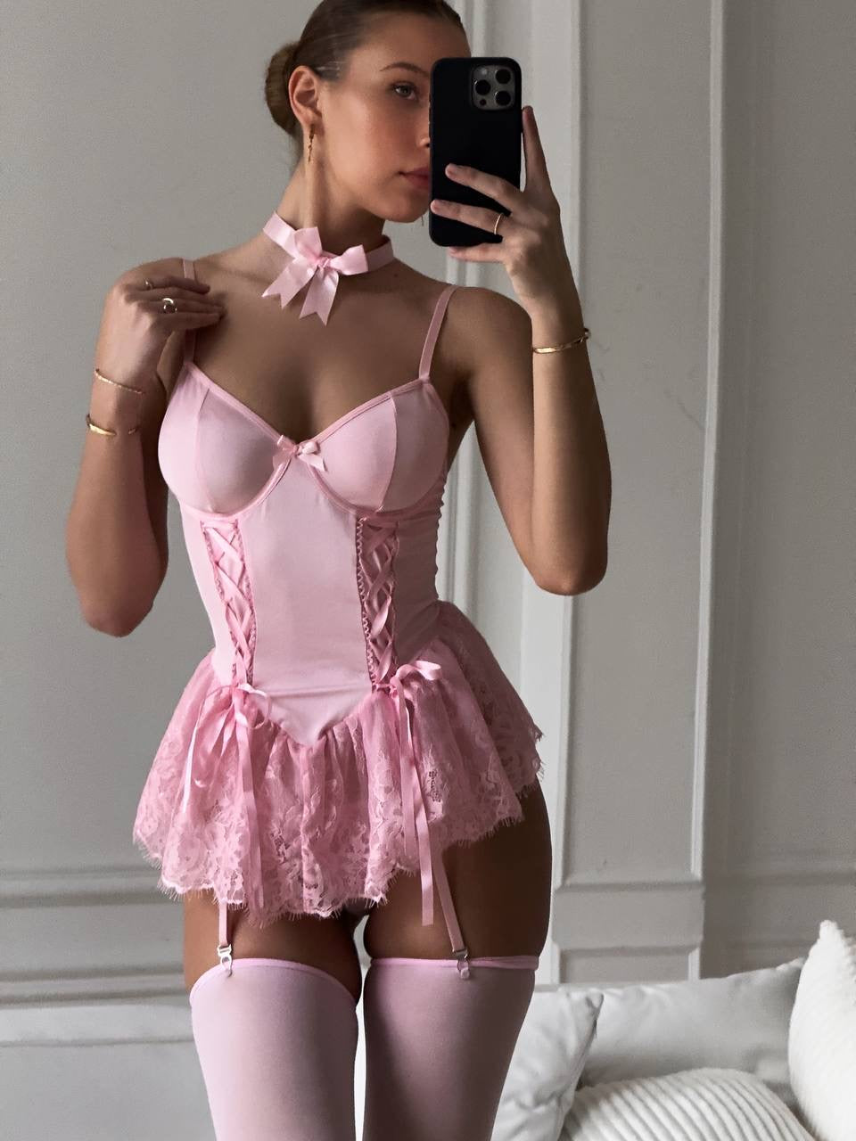 Elena Pembe Babydoll Seti ( Çorap Dahil)