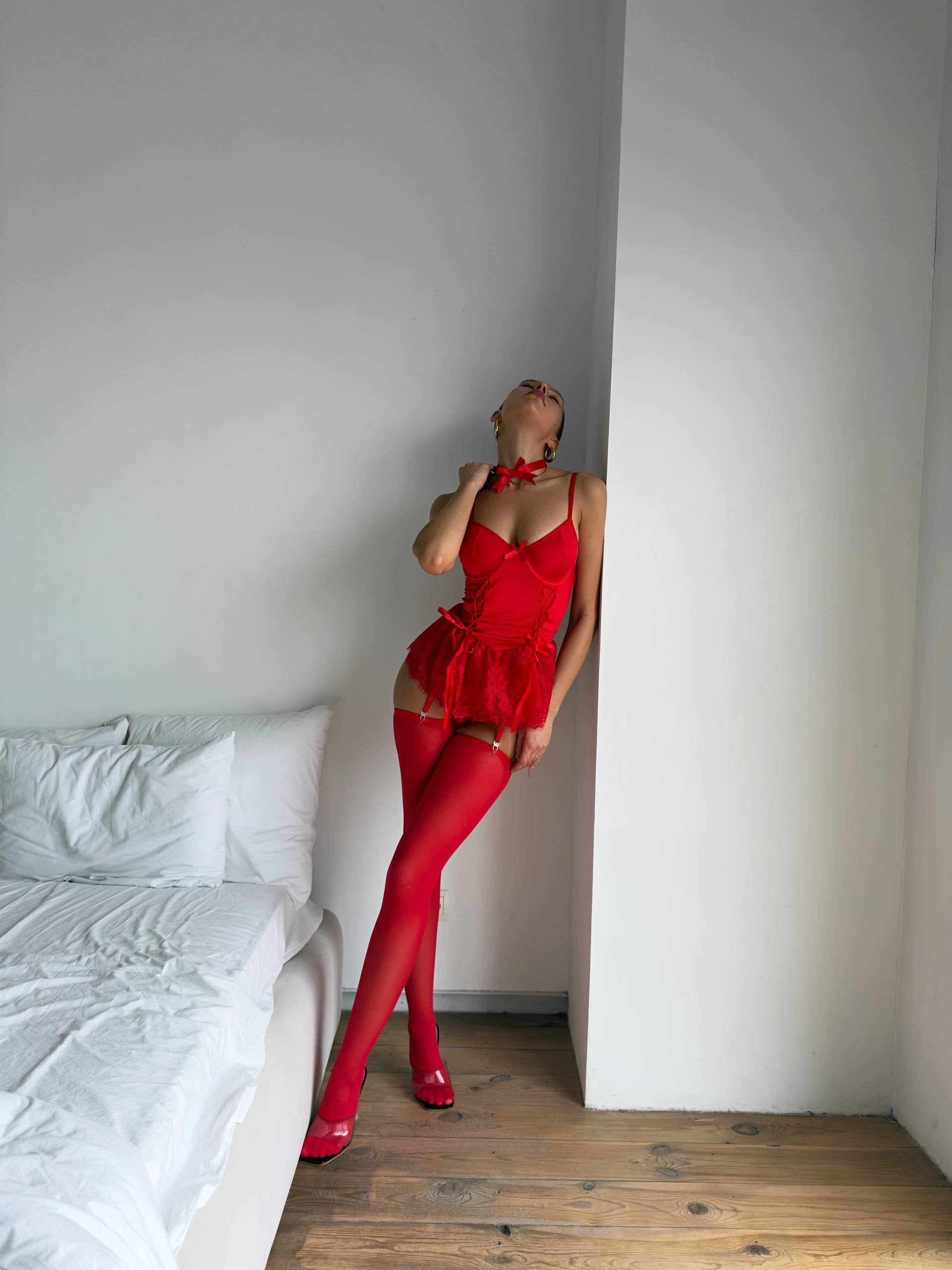 Elena Kırmızı Babydoll Seti (Çorap Dahil)