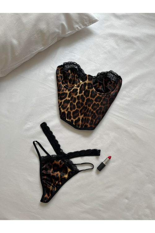 3lü Leopar Desenli Saten Büstiyer Set
