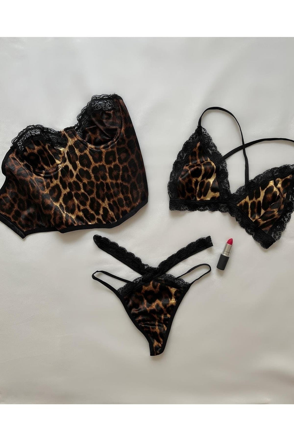 3lü Leopar Desenli Saten Büstiyer Set
