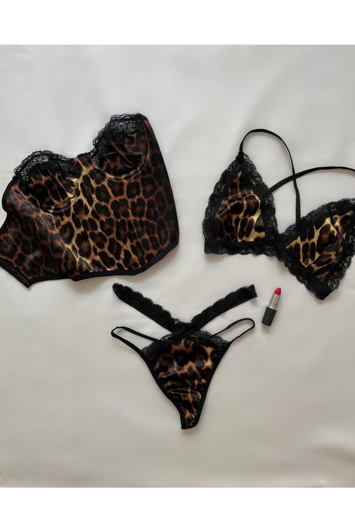 3lü Leopar Desenli Saten Büstiyer Set