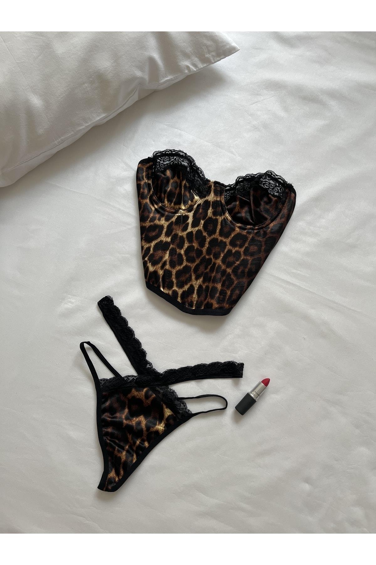 3lü Leopar Desenli Saten Büstiyer Set