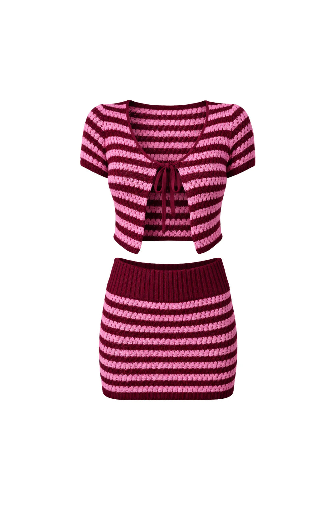 Bisous Knit Set- Bordo Pembe Çizgili Örgü Takım