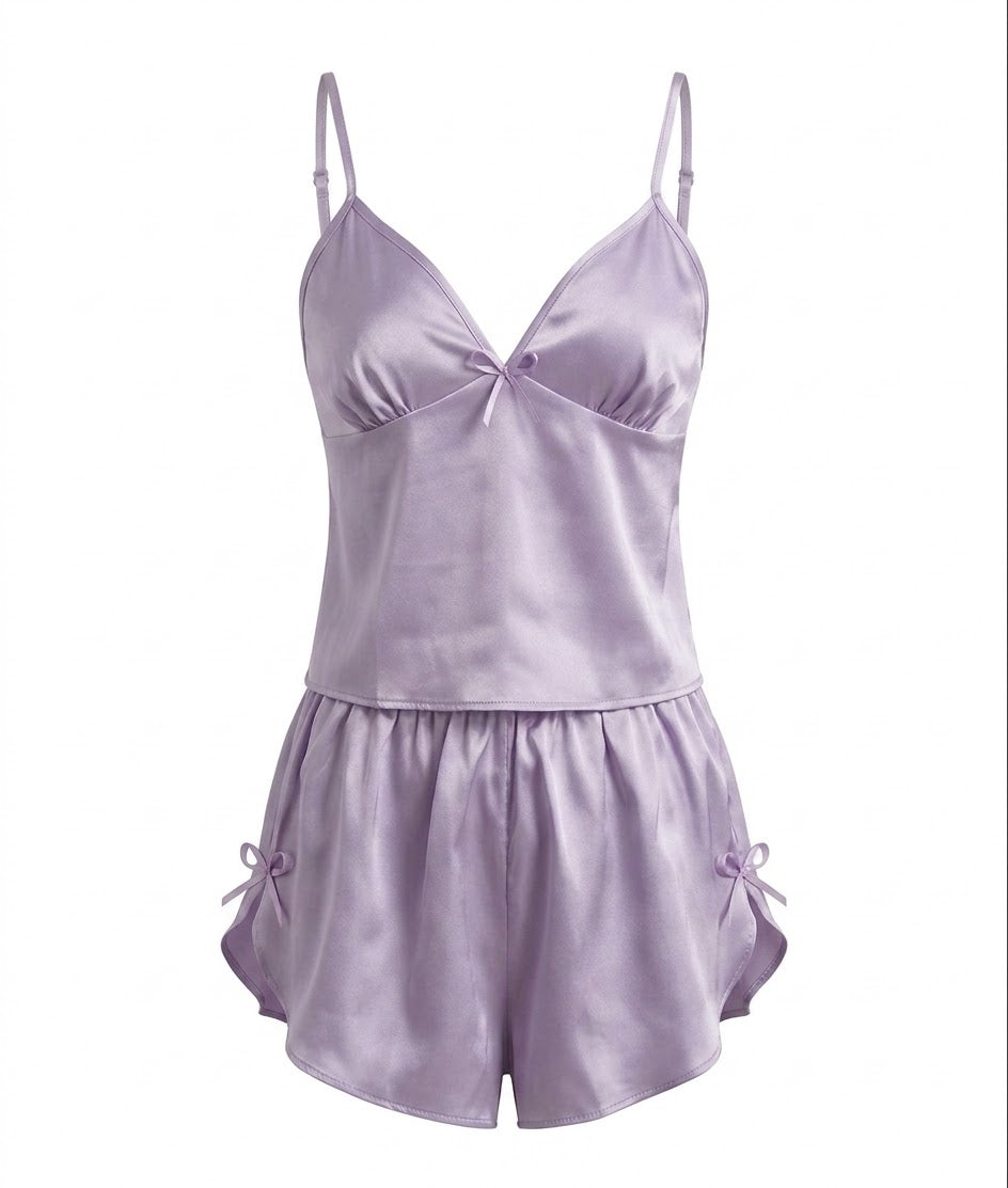 Lila Saten Şortlu Pijama Takımı