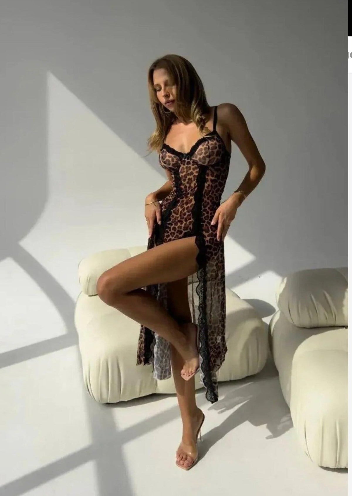 Leopar Desenli Tül Maxi Gecelik