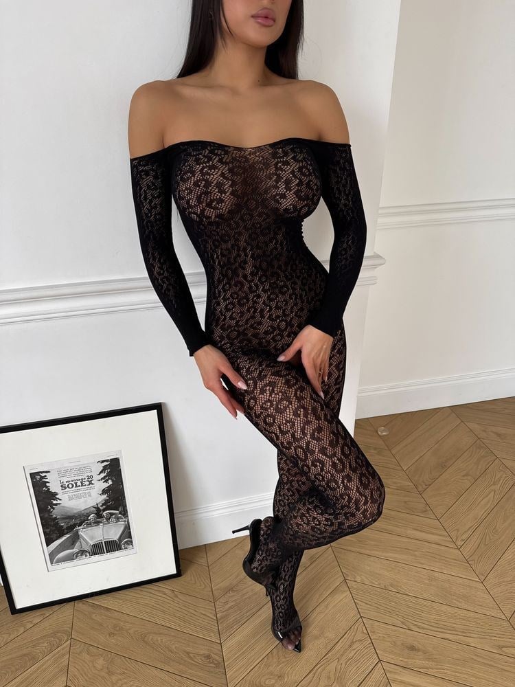 Omuz Dekolteli Leopar Desenli Özel Bölgesi Açık Vücut Çorabı