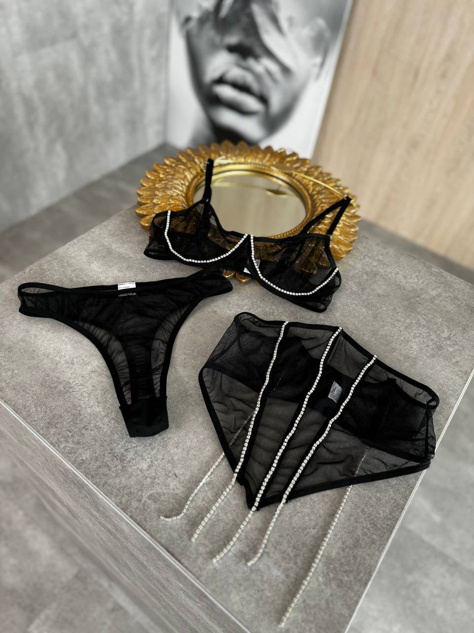 Siyah Parıltılı Korse Detaylı Bralet Takımı