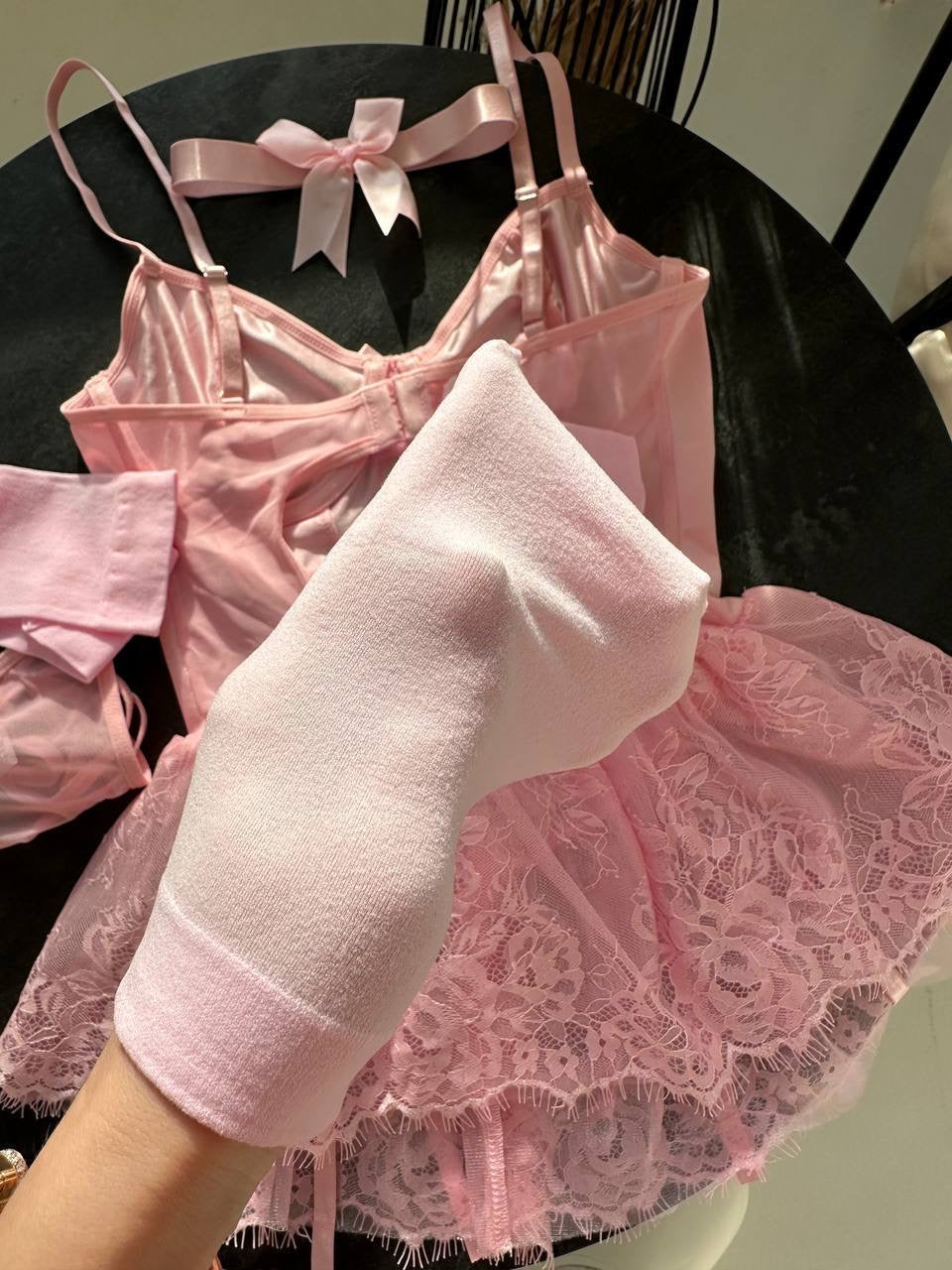 Elena Pembe Babydoll Seti ( Çorap Dahil)