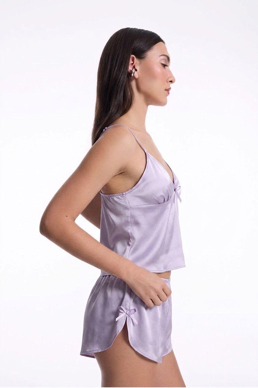 Lila Saten Şortlu Pijama Takımı