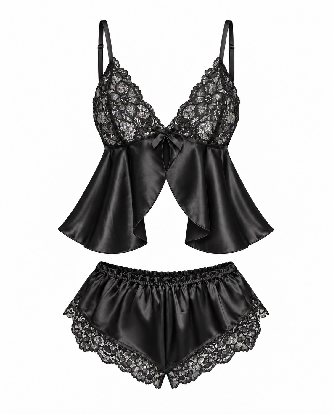 Fleur de Minuit Dantelli Saten Şort Takımı
