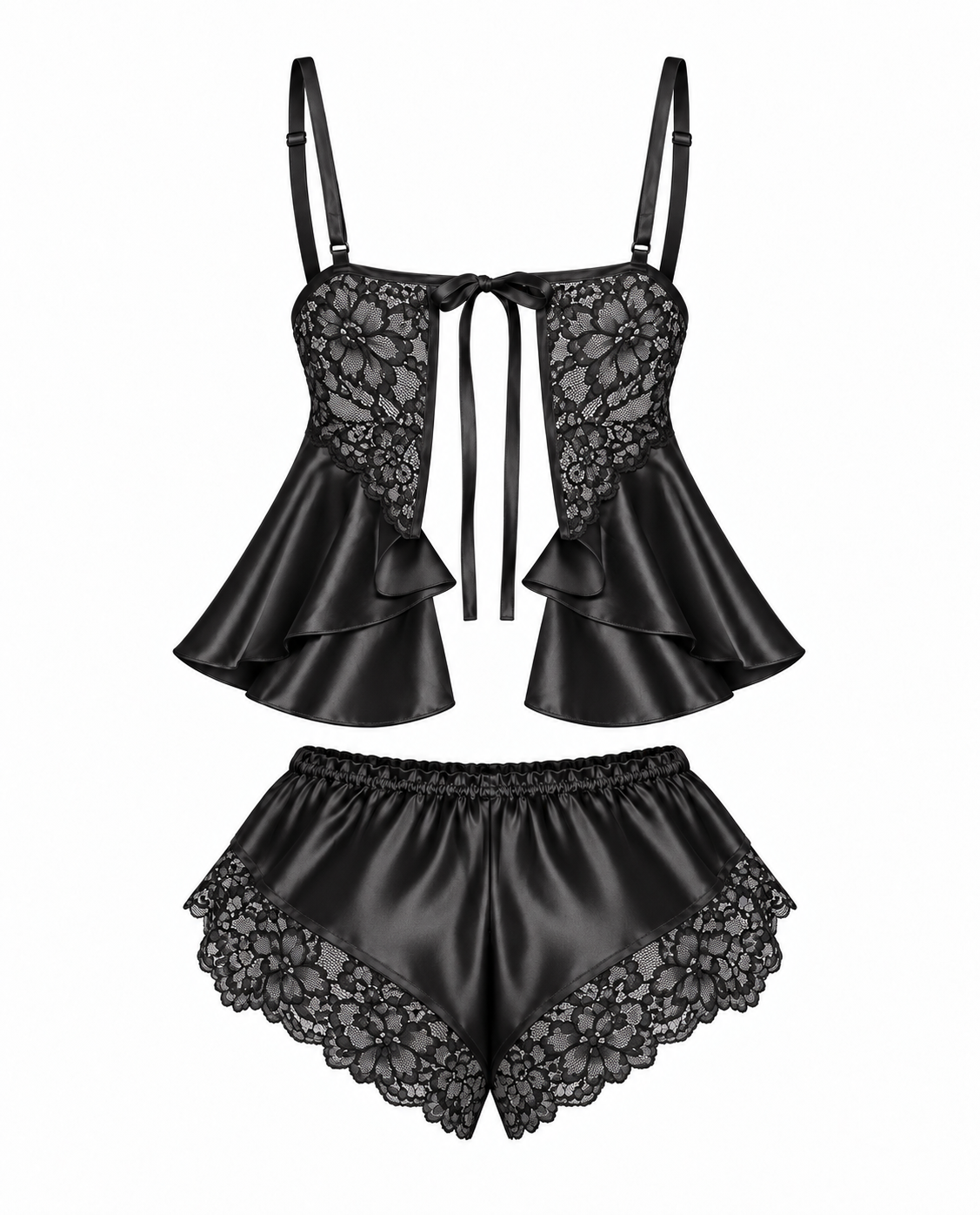 Fleur de Minuit Dantelli Saten Şort Takımı