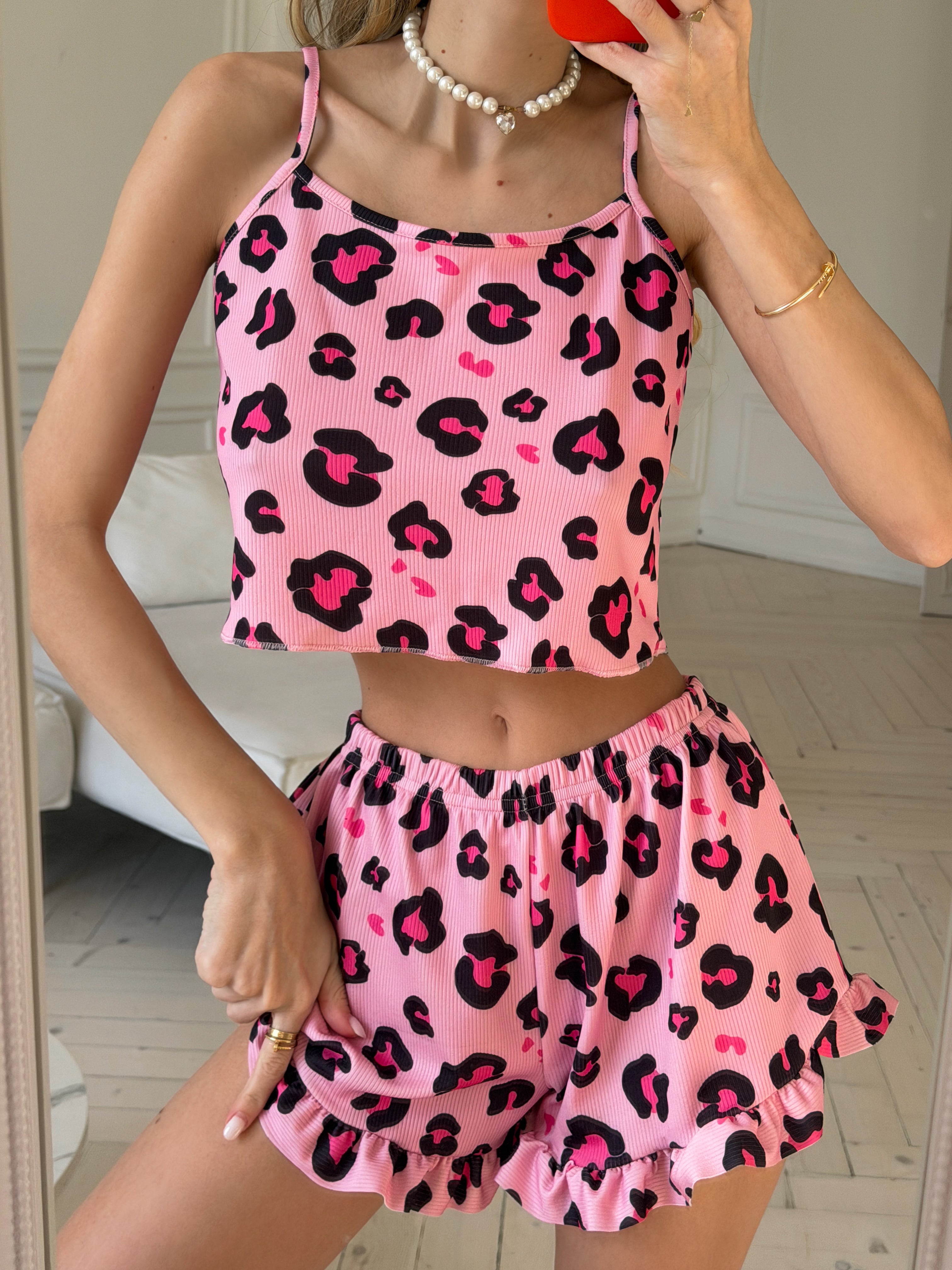 Pembe Leopar Desenli Mini Pijama Takımı