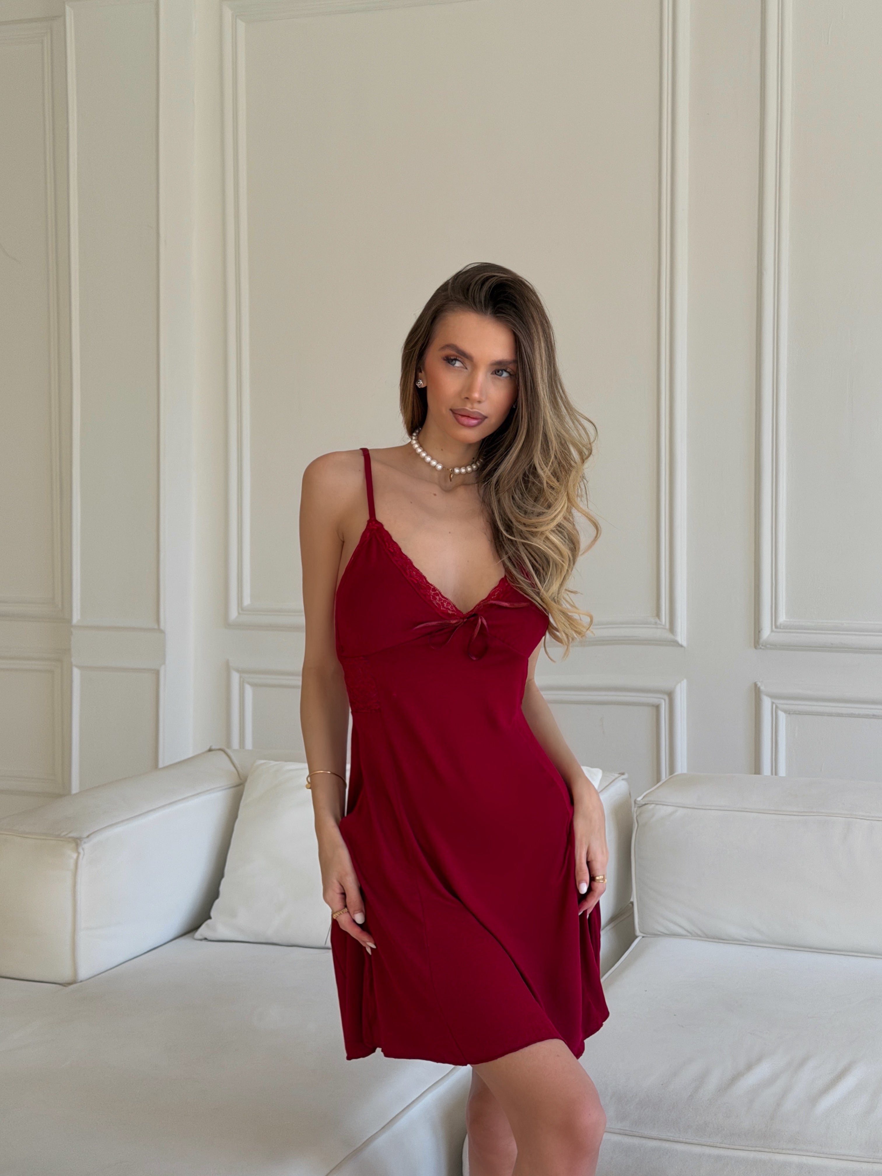 Bordo Pamuklu Dantel Detaylı Gecelik