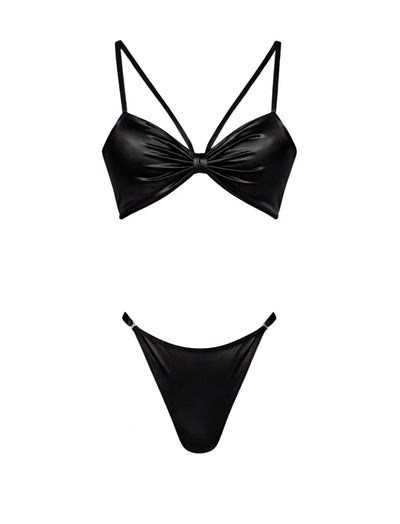 Black Satin Ribbon Bralette Set