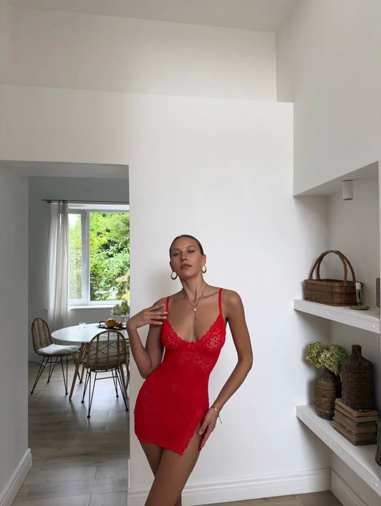 Kırmızı Mini Leopar Baskılı Transparan Elbise