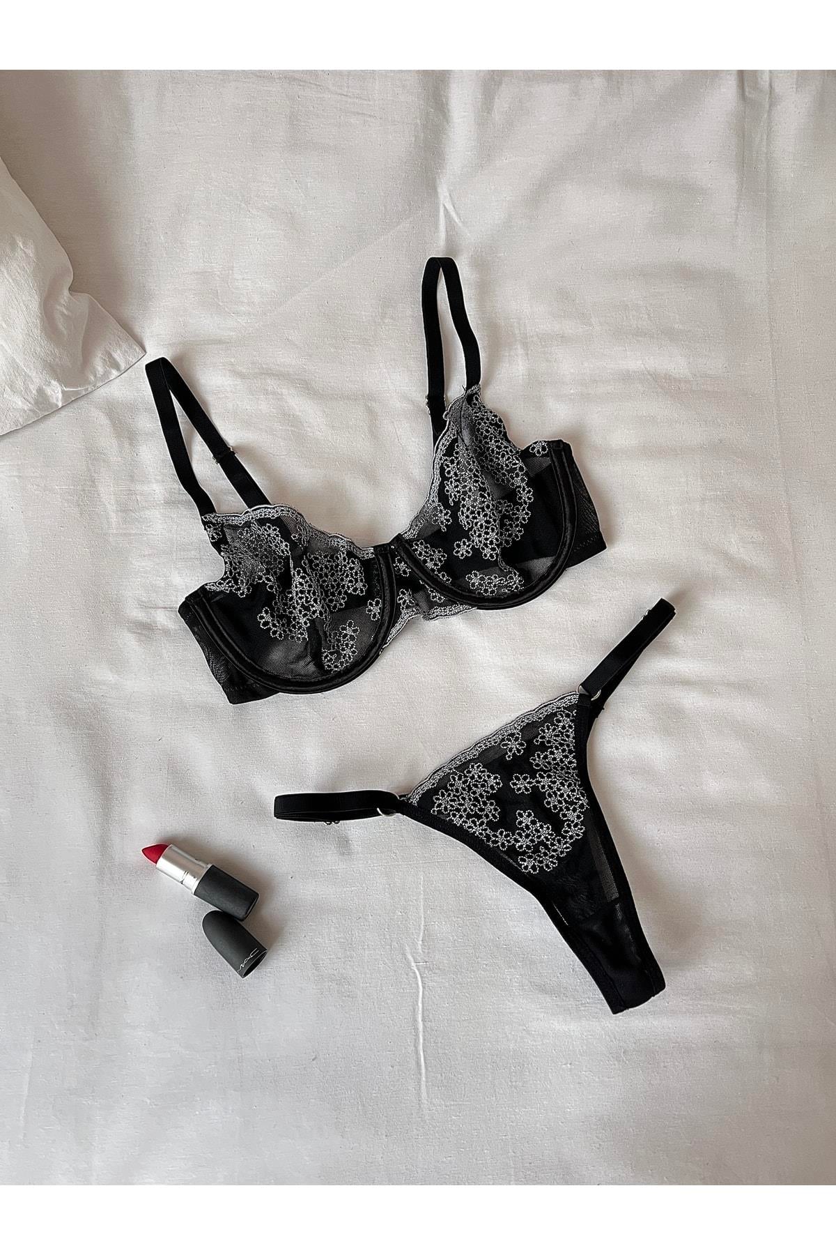 Amber Black Bra Set with Floral Details