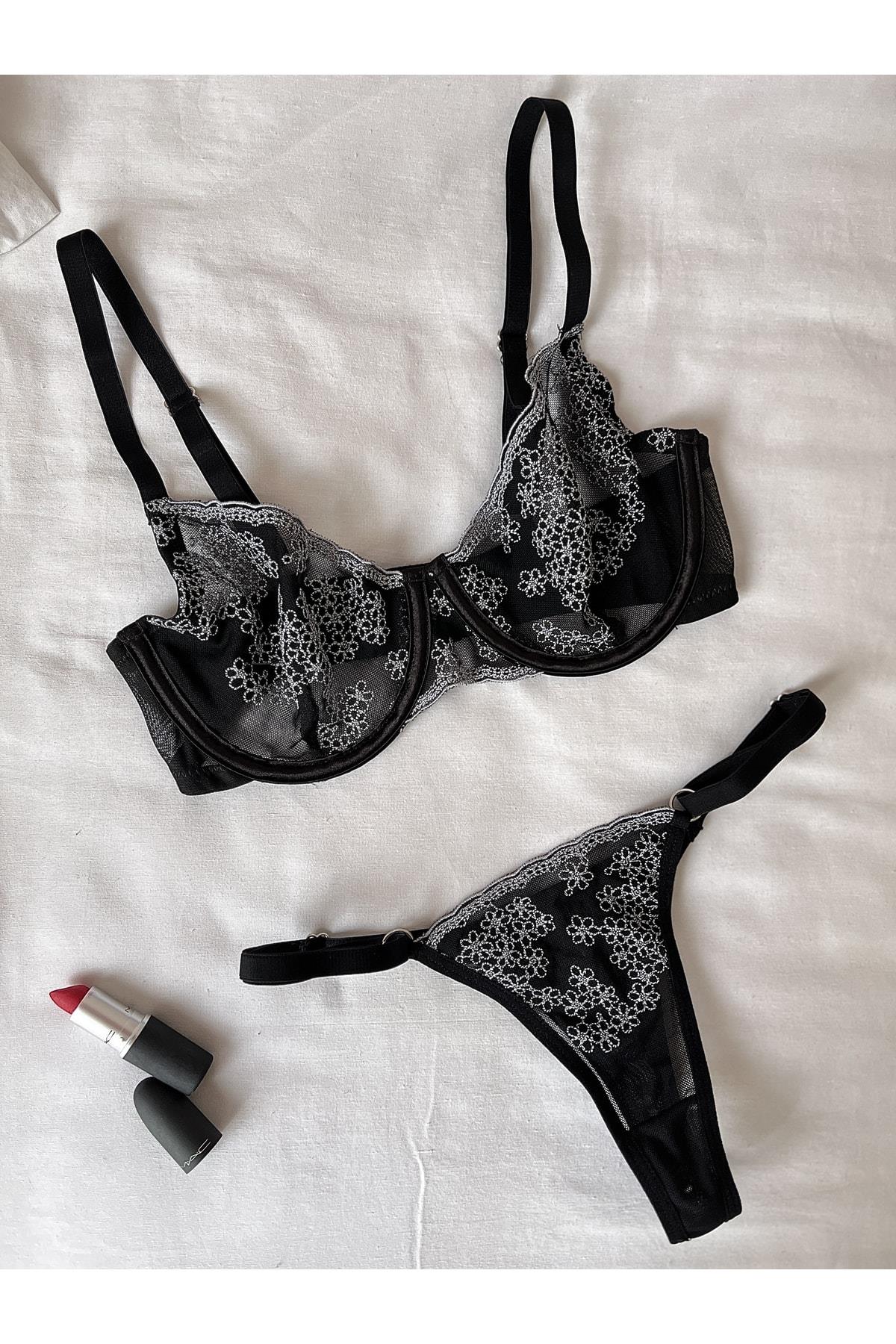Amber Black Bra Set with Floral Details