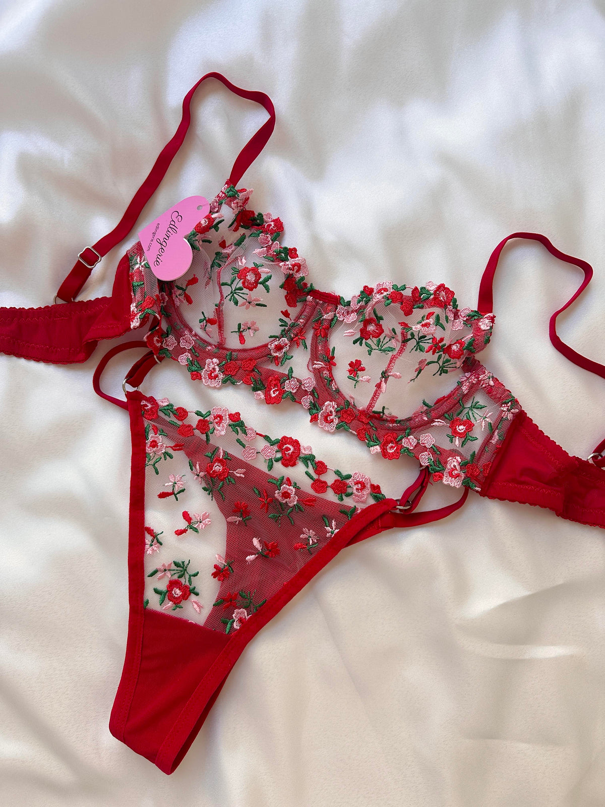 Amelie Red Flower Detail Bralette Set