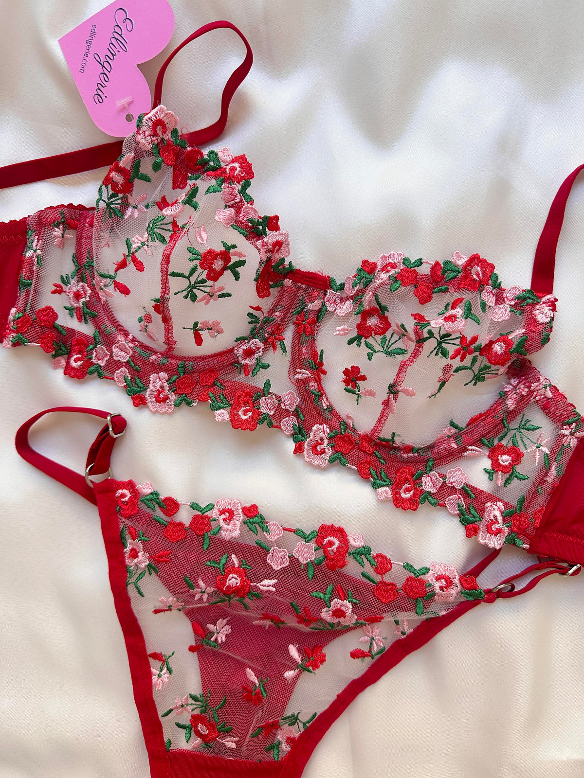 Amelie Red Flower Detail Bralette Set