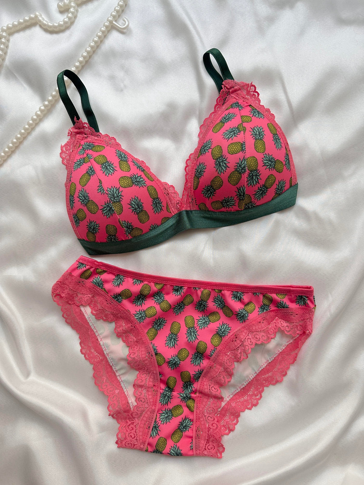 Pineapple Pattern Pink Bralette Set