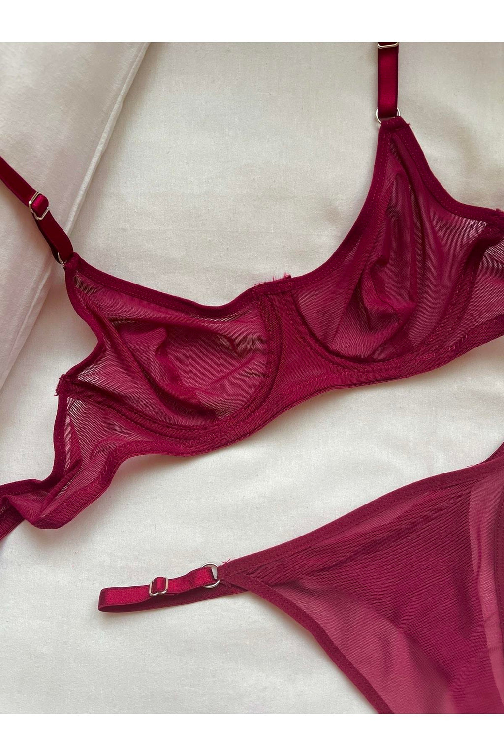 Underwired Tulle Bralette Set, Cherry Red