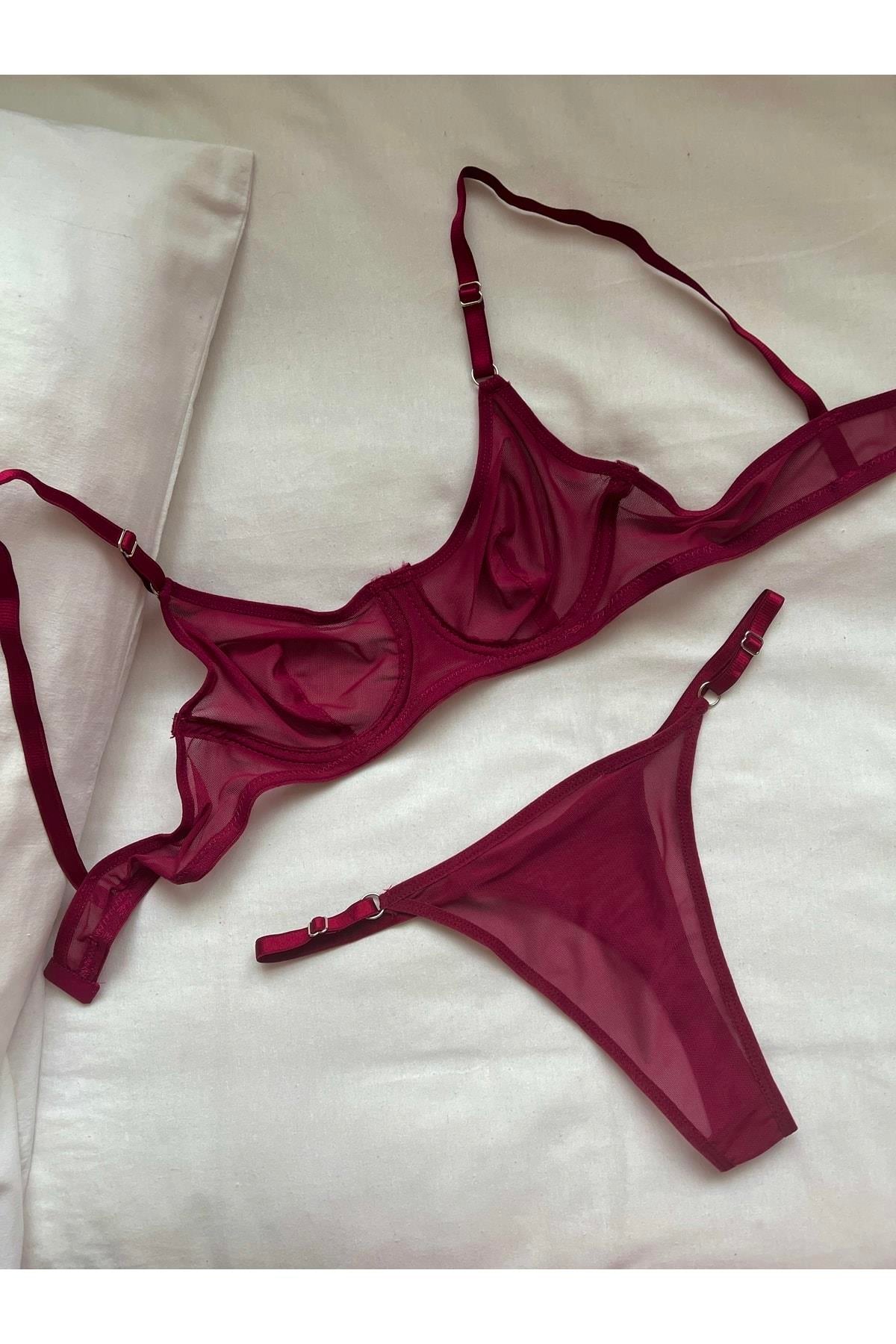 Underwired Tulle Bralette Set, Cherry Red