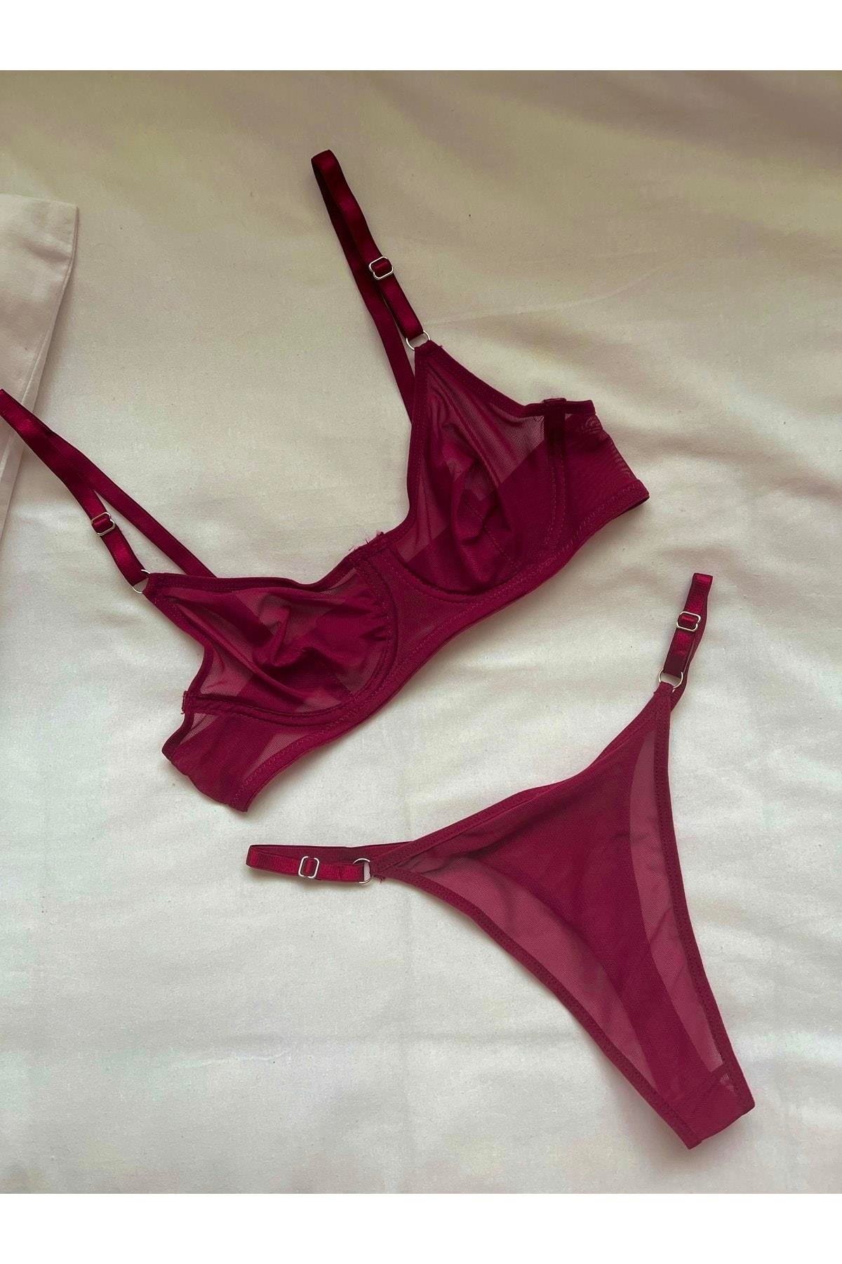 Underwired Tulle Bralette Set, Cherry Red