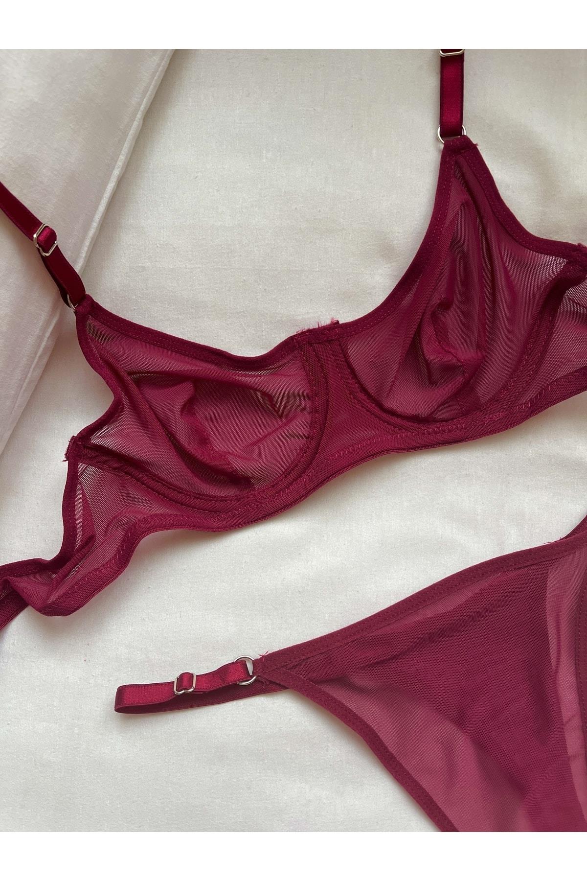 Underwired Tulle Bralette Set, Cherry Red