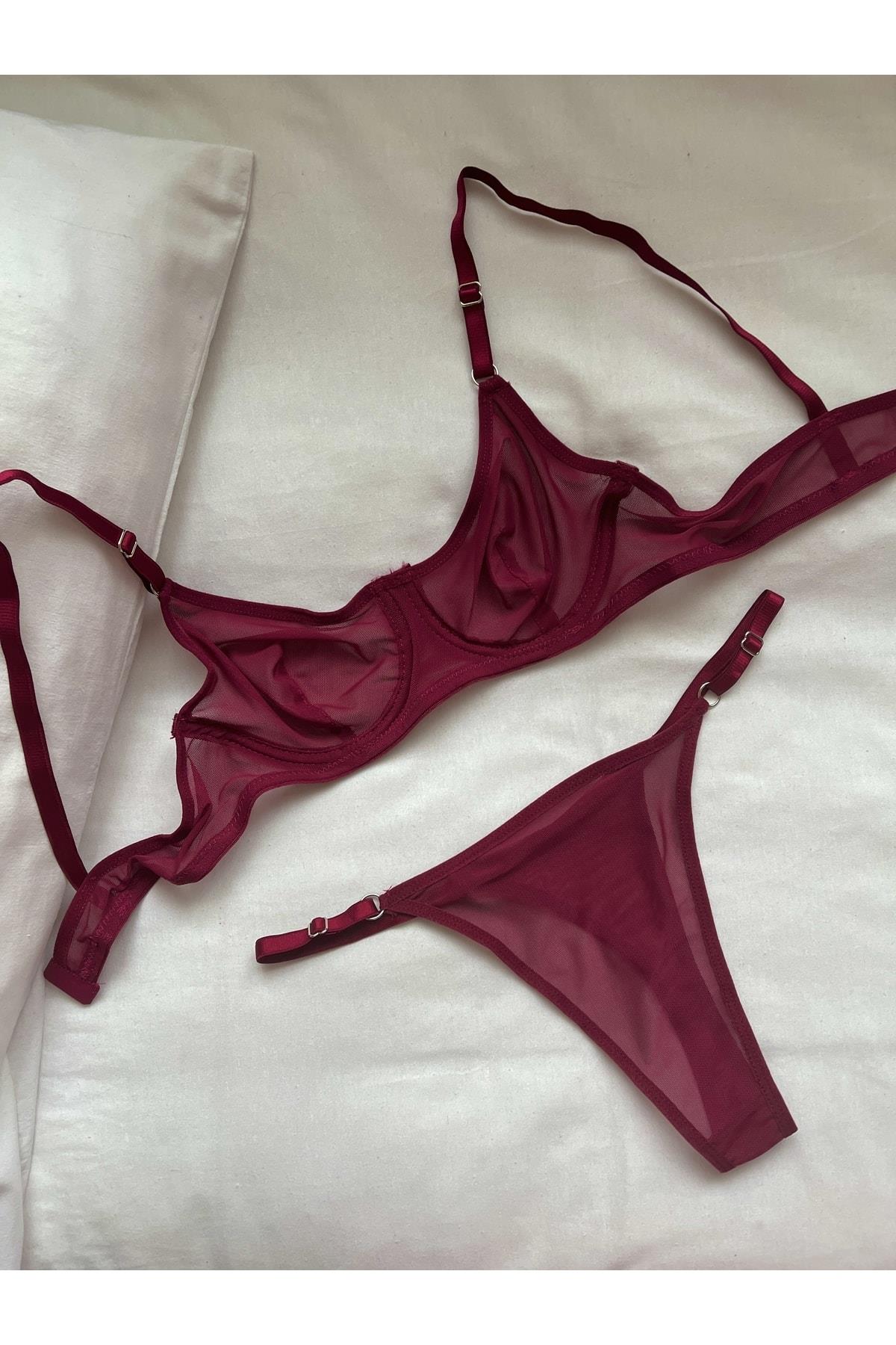 Underwired Tulle Bralette Set, Cherry Red