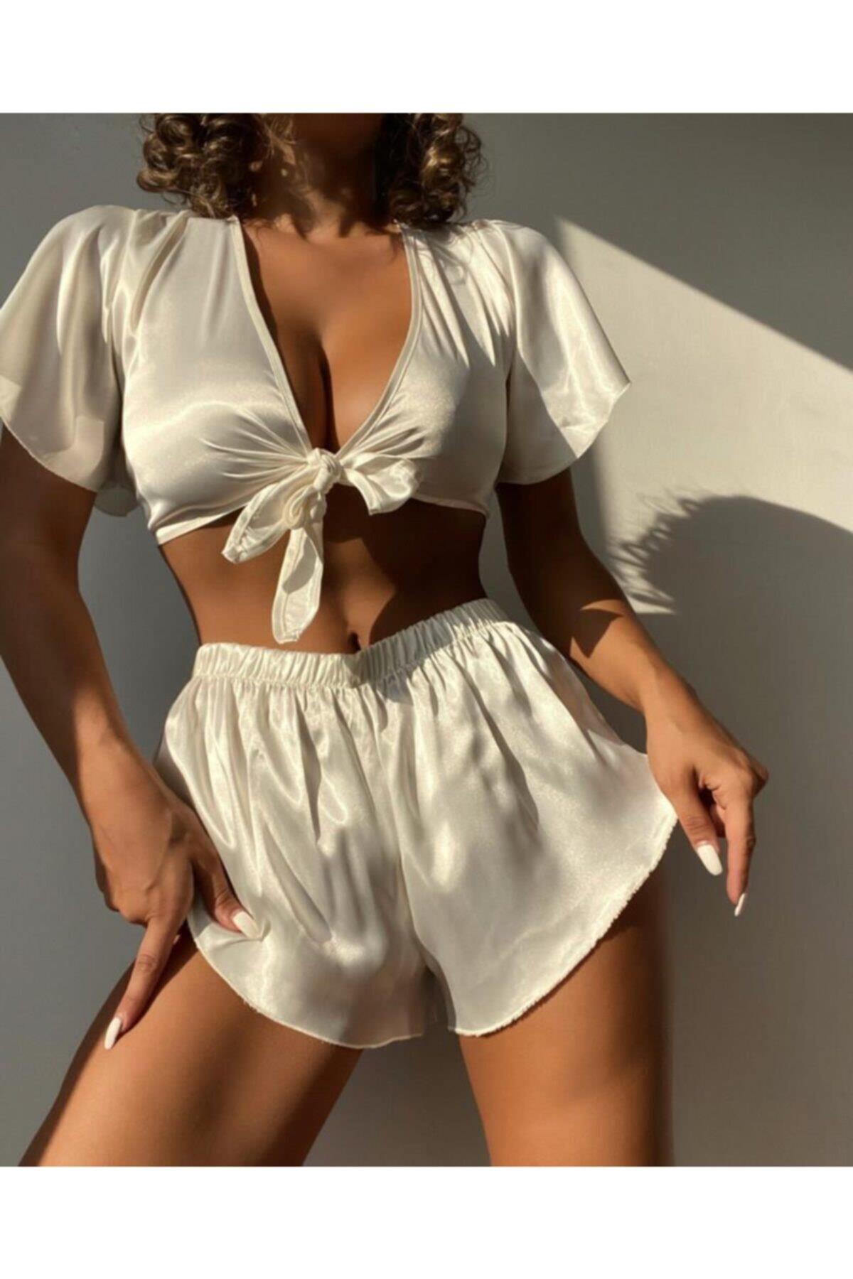 White Satin Shorts Set
