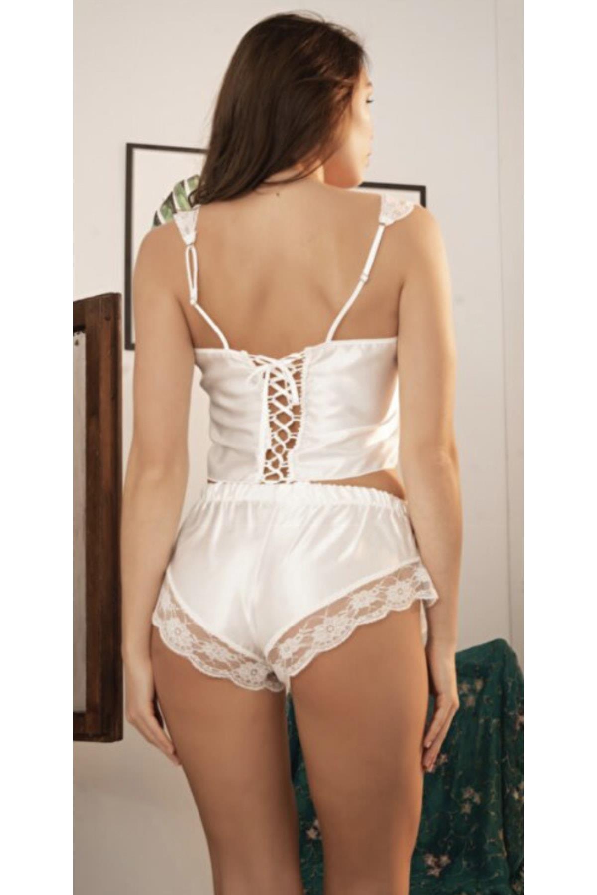 White Satin Shorts Set