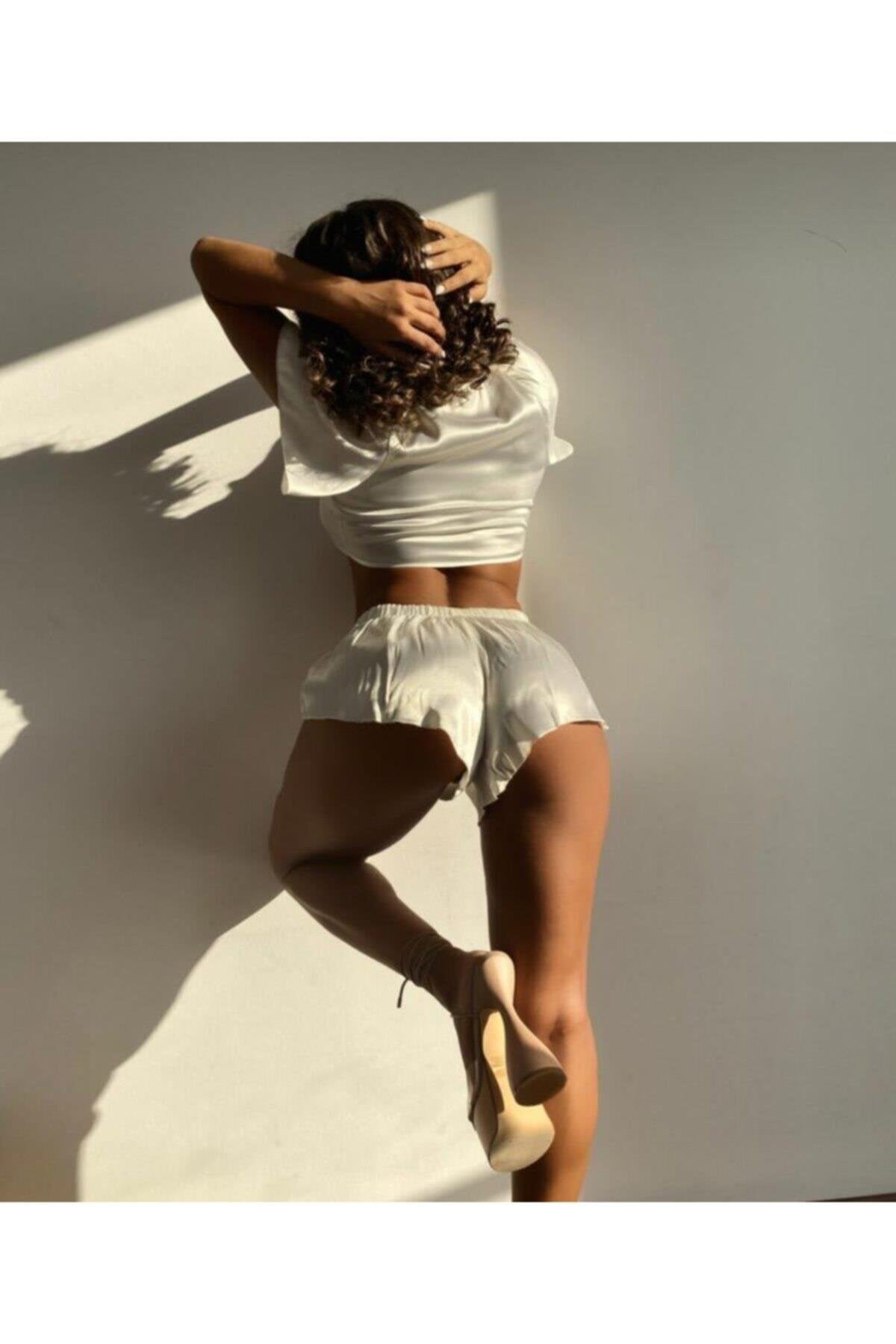 White Satin Shorts Set