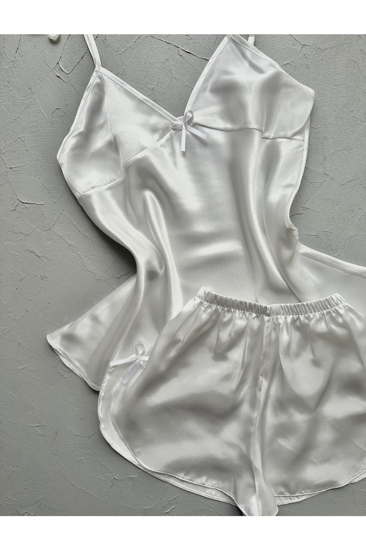 White Satin Shorts Set