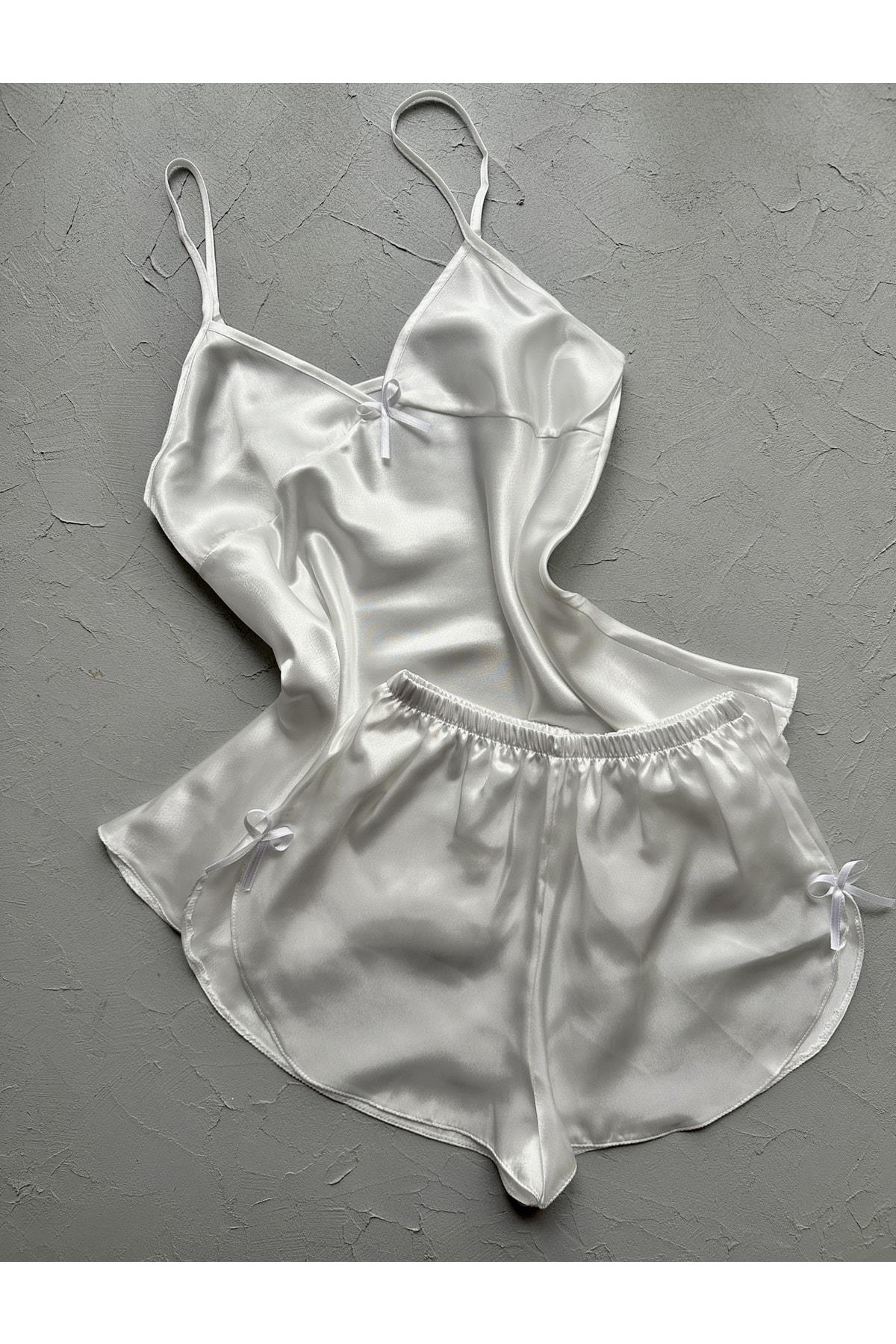 White Satin Shorts Set