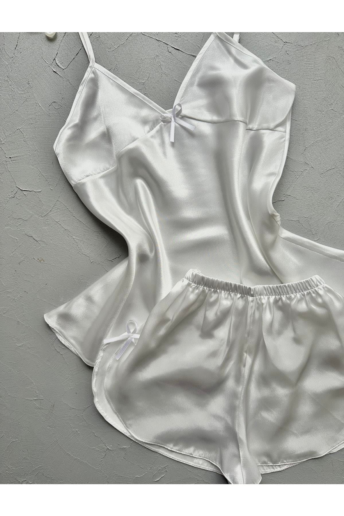 White Satin Shorts Set