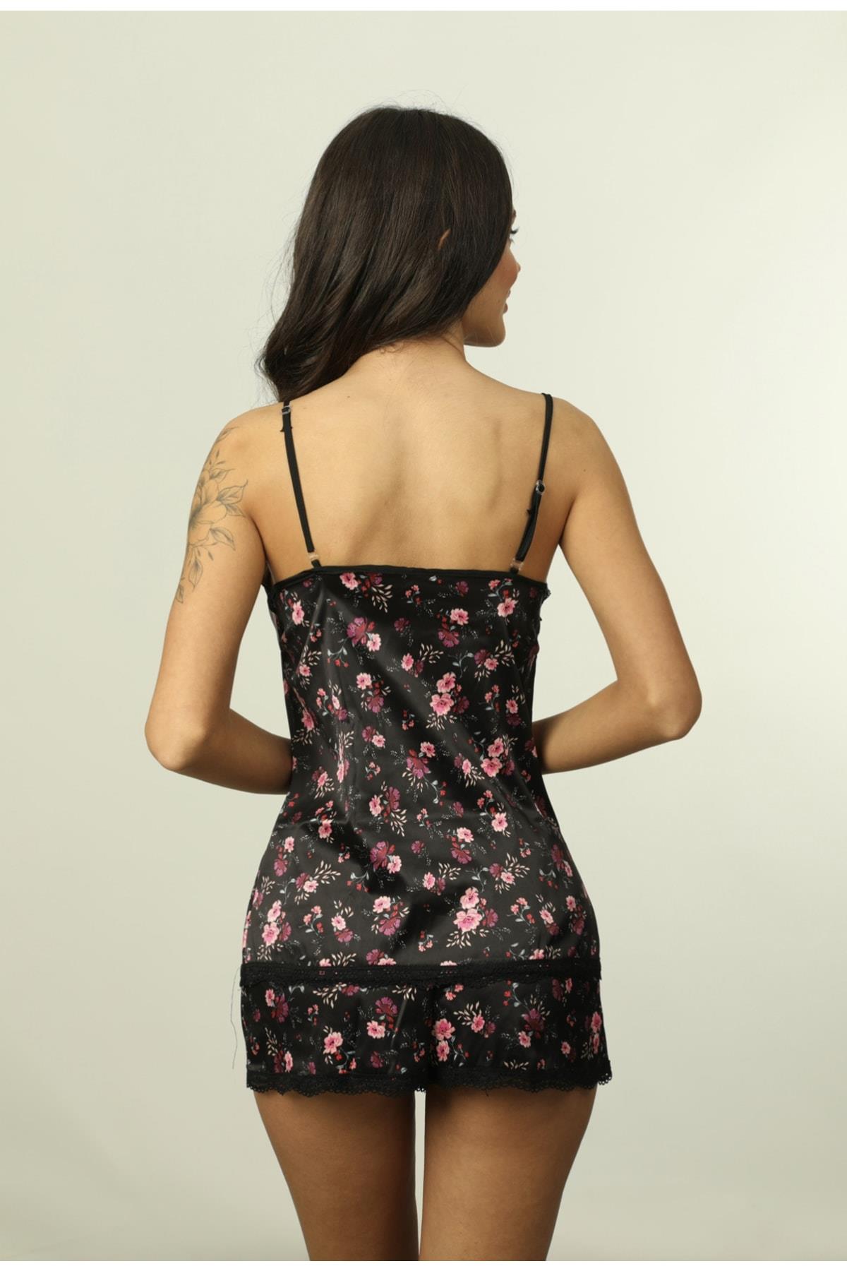 Black Garden Satin Shorts Set