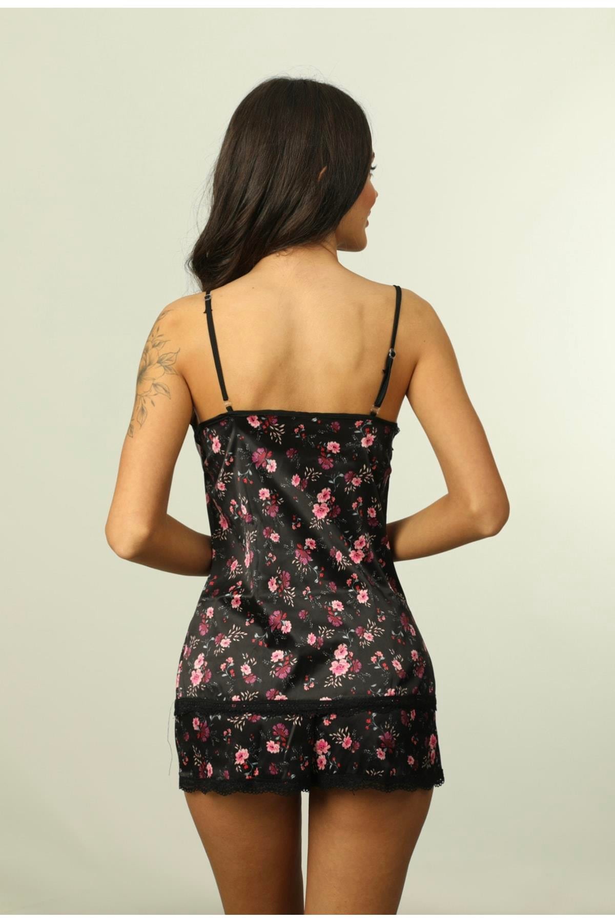 Black Garden Satin Shorts Set