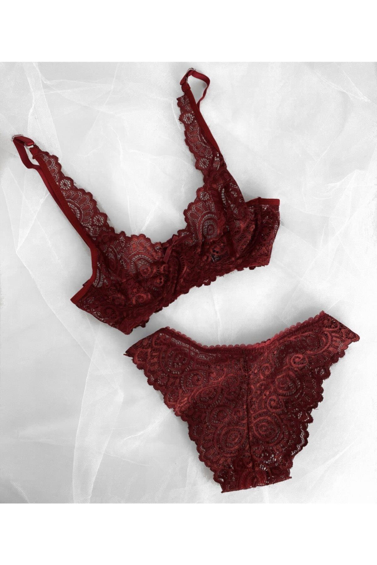 Bordo Balenli Kapsız Dantelli Bralet Takımı