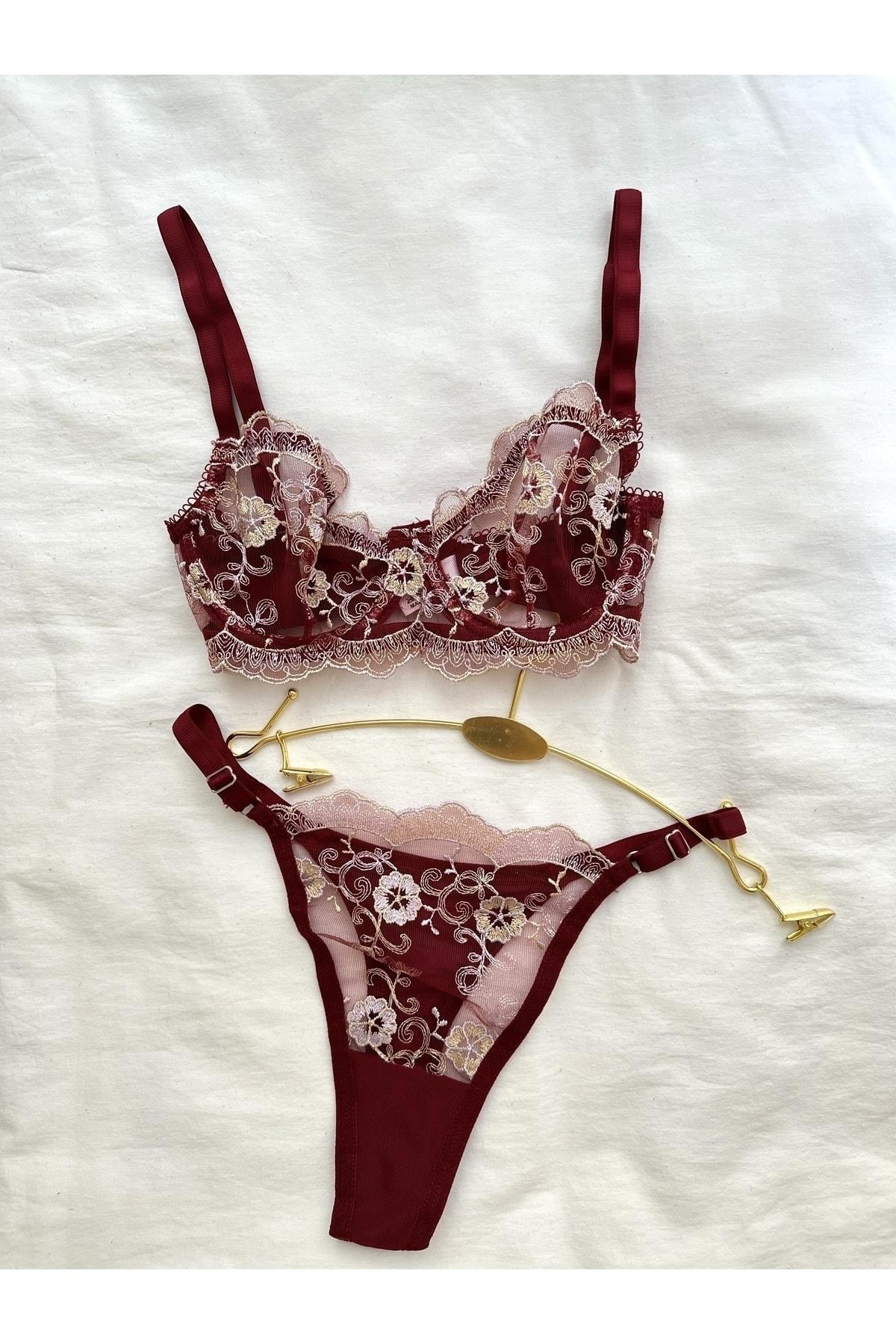 Bordo Brode Balenli Bralet Takımı