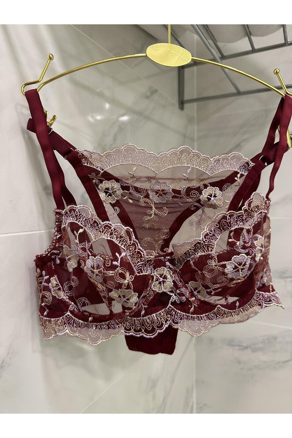Burgundy Embroidered Underwired Bralette Set
