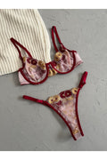 Burgundy Gold Bra Set with Floral Details