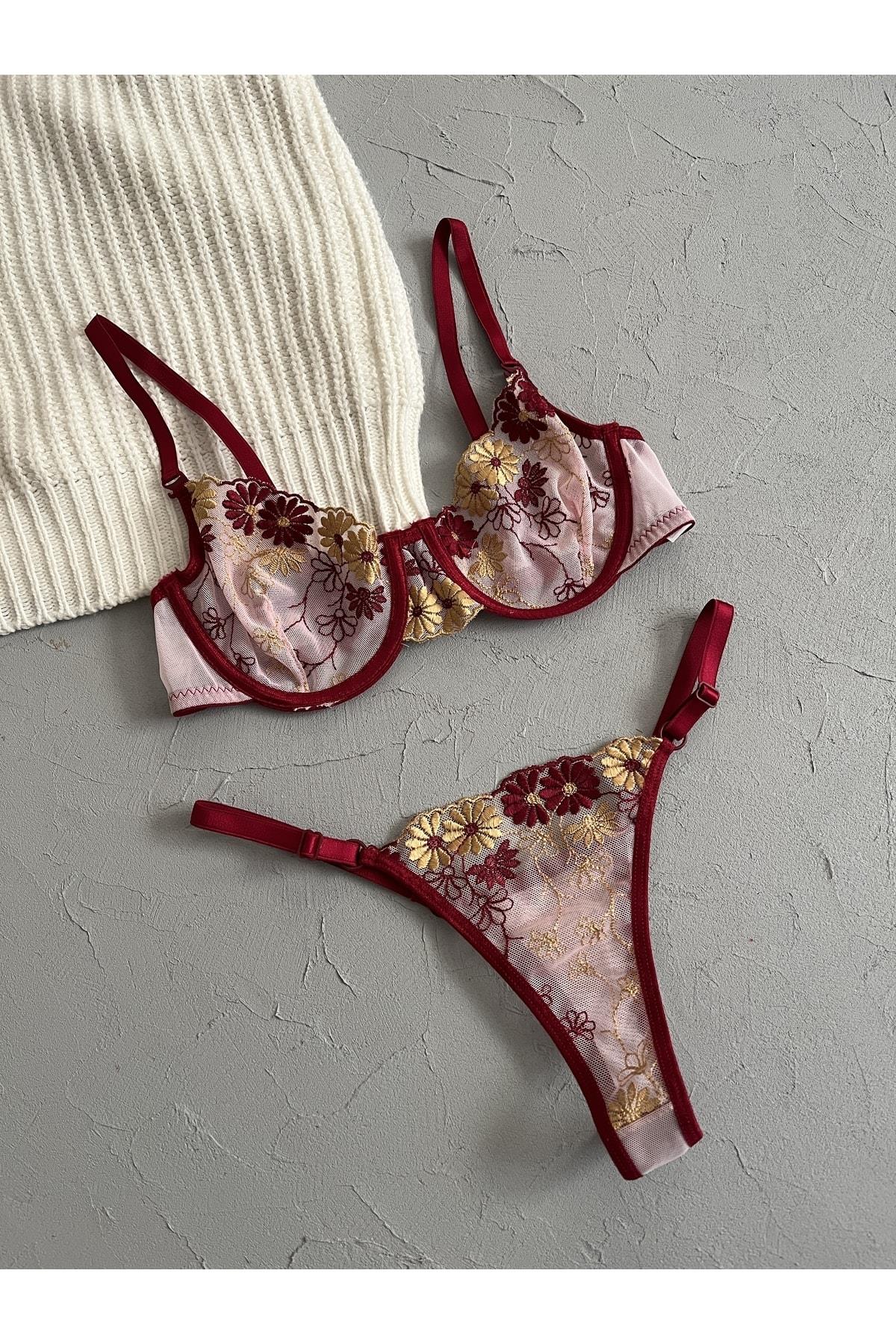 Burgundy Gold Bra Set with Floral Details