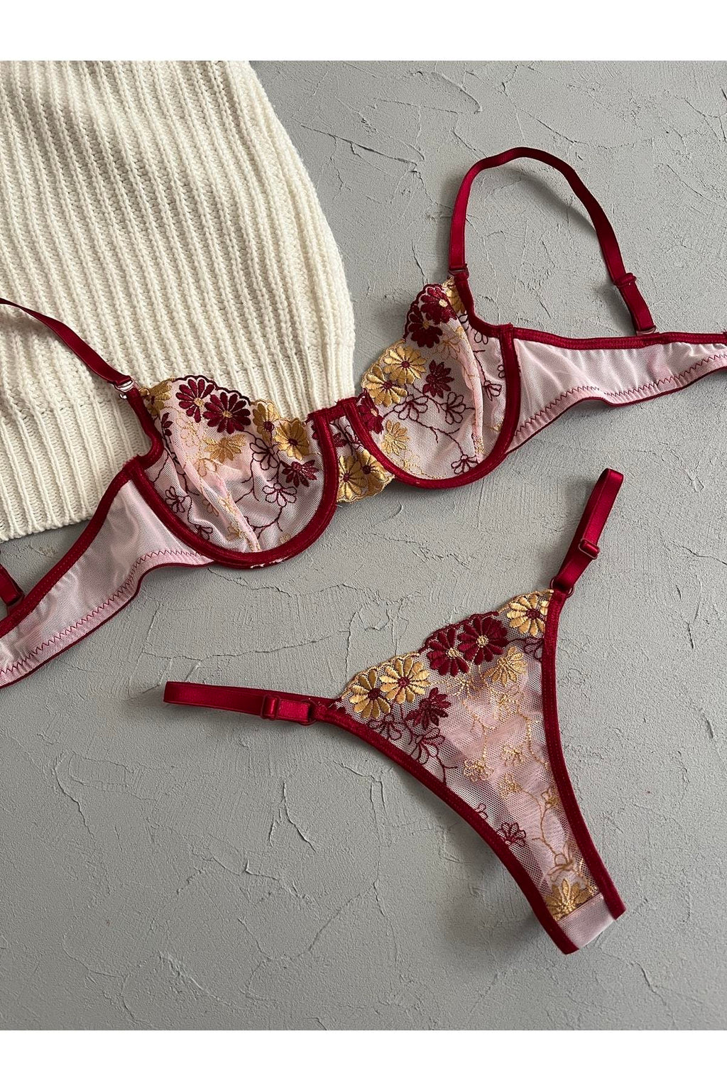 Burgundy Gold Bra Set with Floral Details