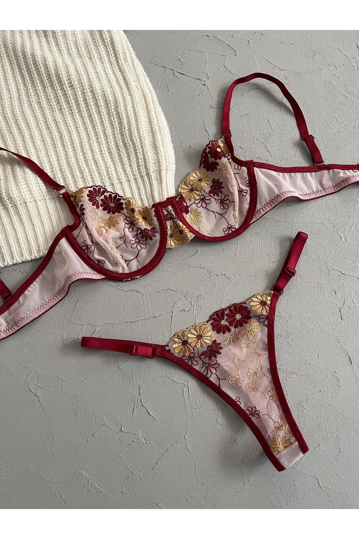 Burgundy Gold Bra Set with Floral Details