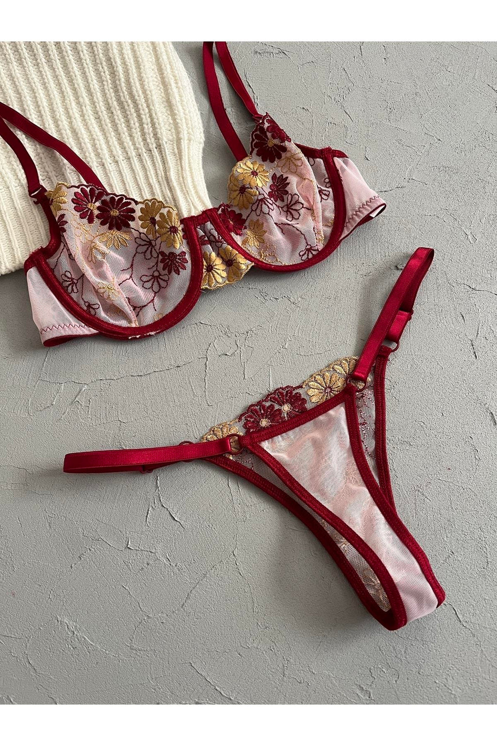 Burgundy Gold Bra Set with Floral Details