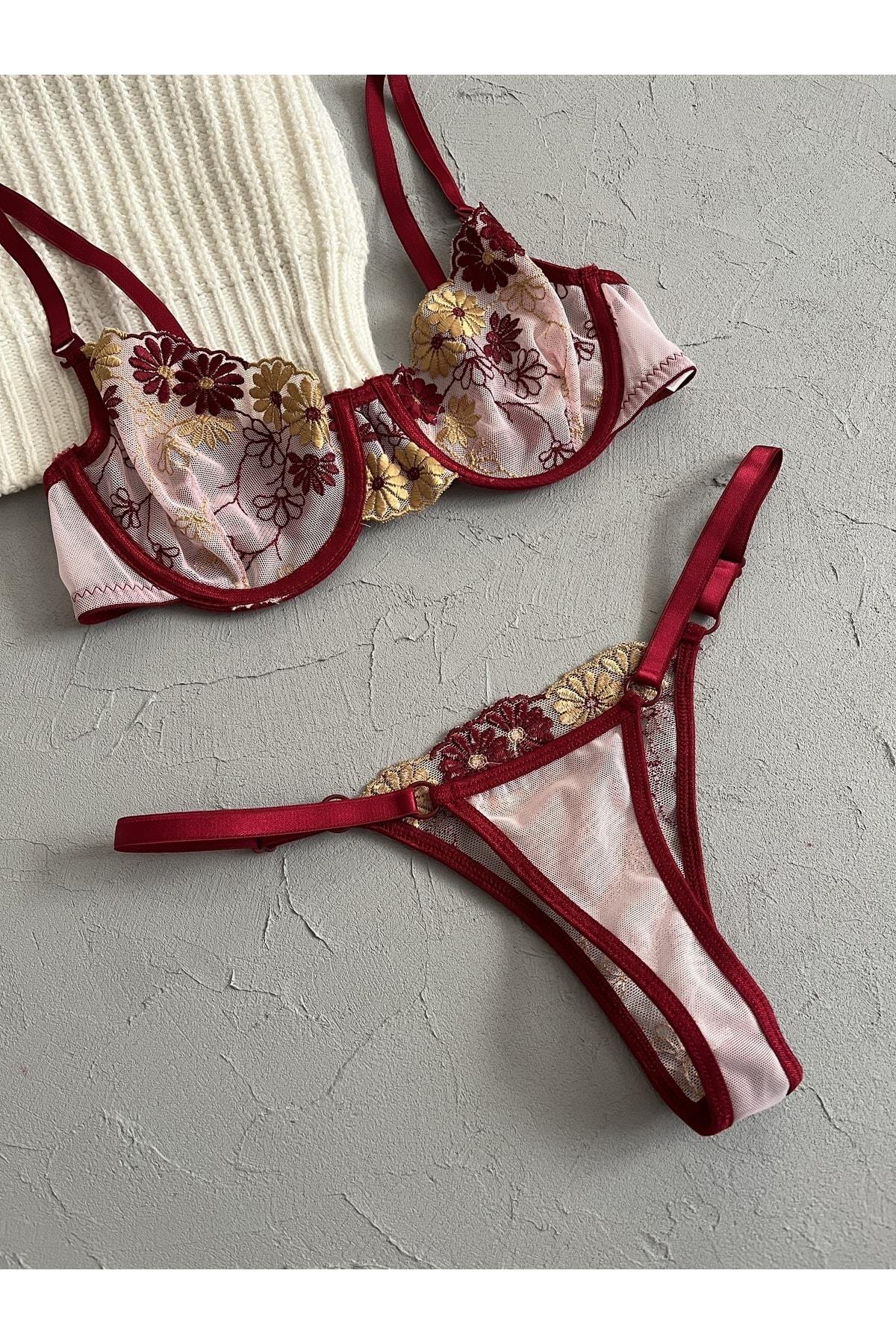 Burgundy Gold Bra Set with Floral Details