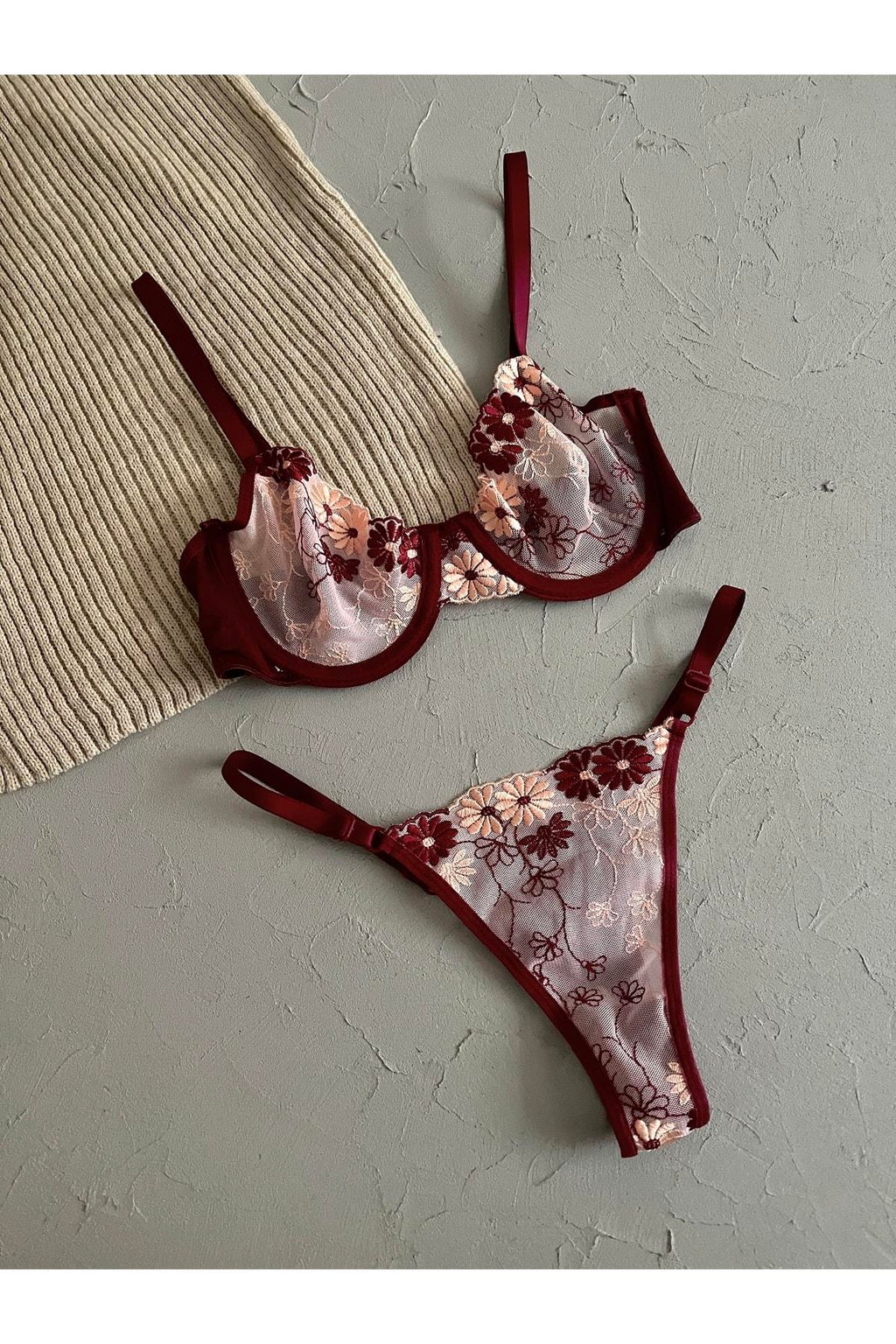 Burgundy Powder Pink Bralette Set with Floral Details